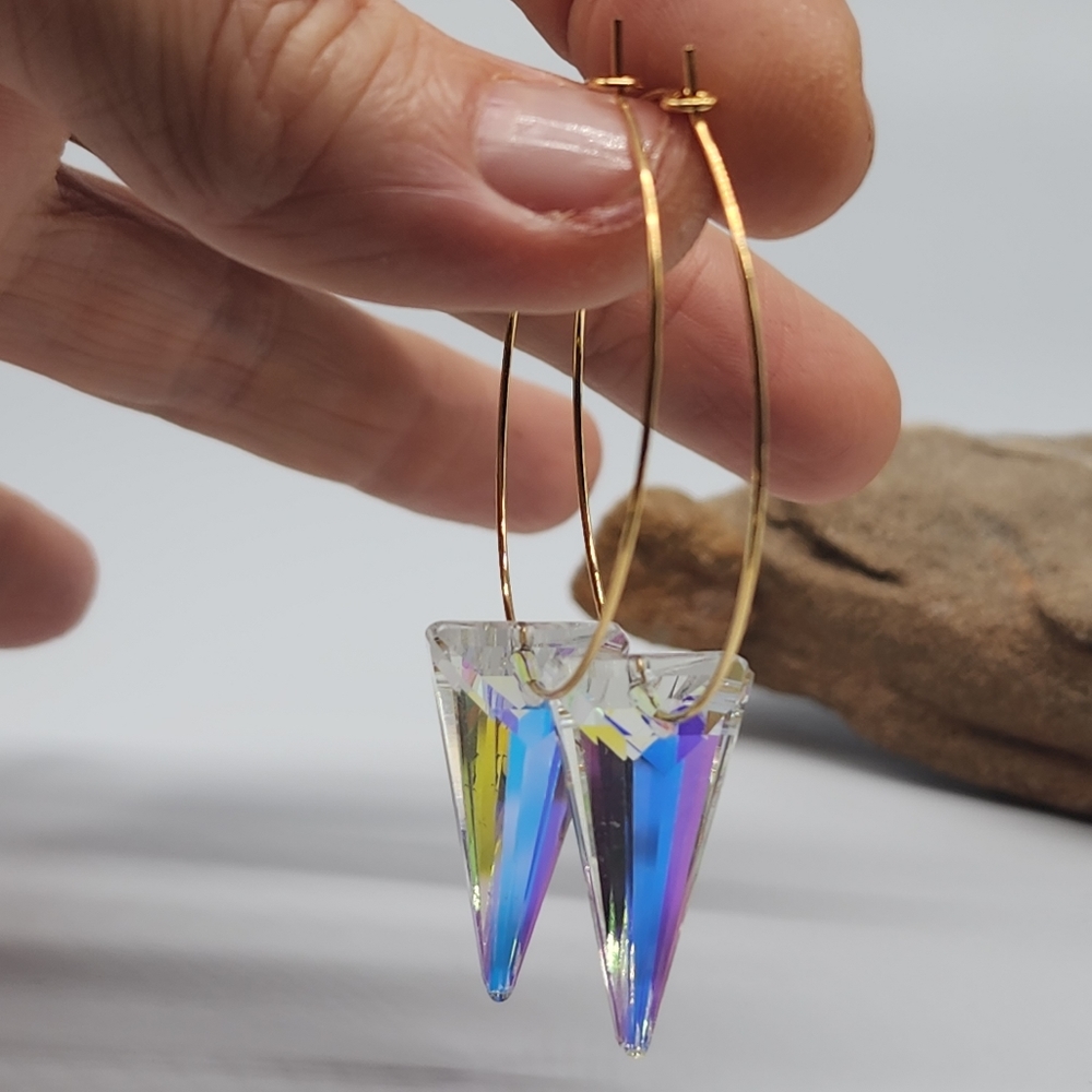 Contemporary 14K Gold plated Hoops Rainbow Swarovski Crystals Earrings